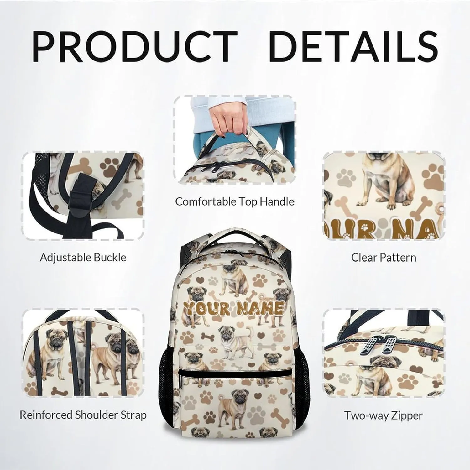 Bookbag for Girls, 17 Inch Custom Pug Backpacks for Elementary Middle, Personalization Cute Dog Kids Backpack for School Travel