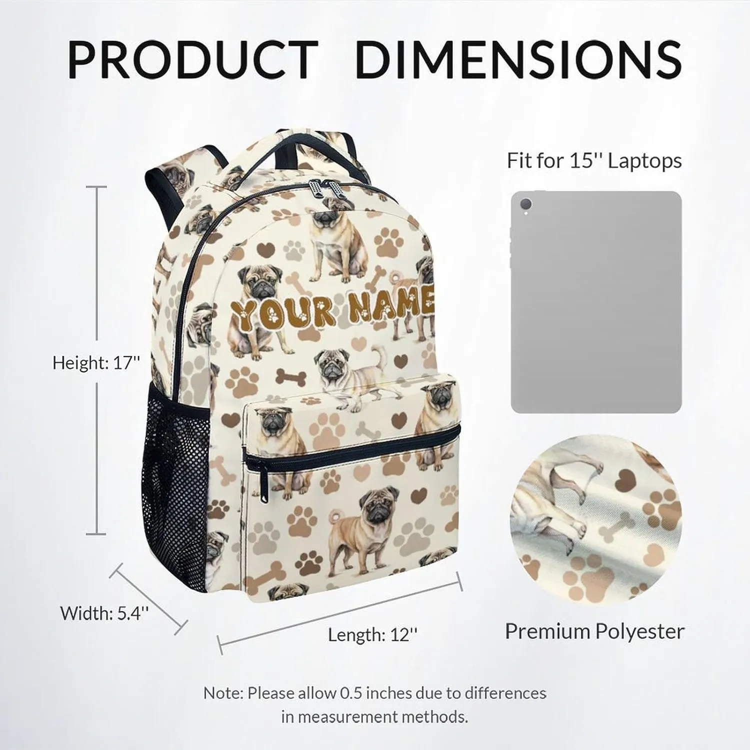 Bookbag for Girls, 17 Inch Custom Pug Backpacks for Elementary Middle, Personalization Cute Dog Kids Backpack for School Travel