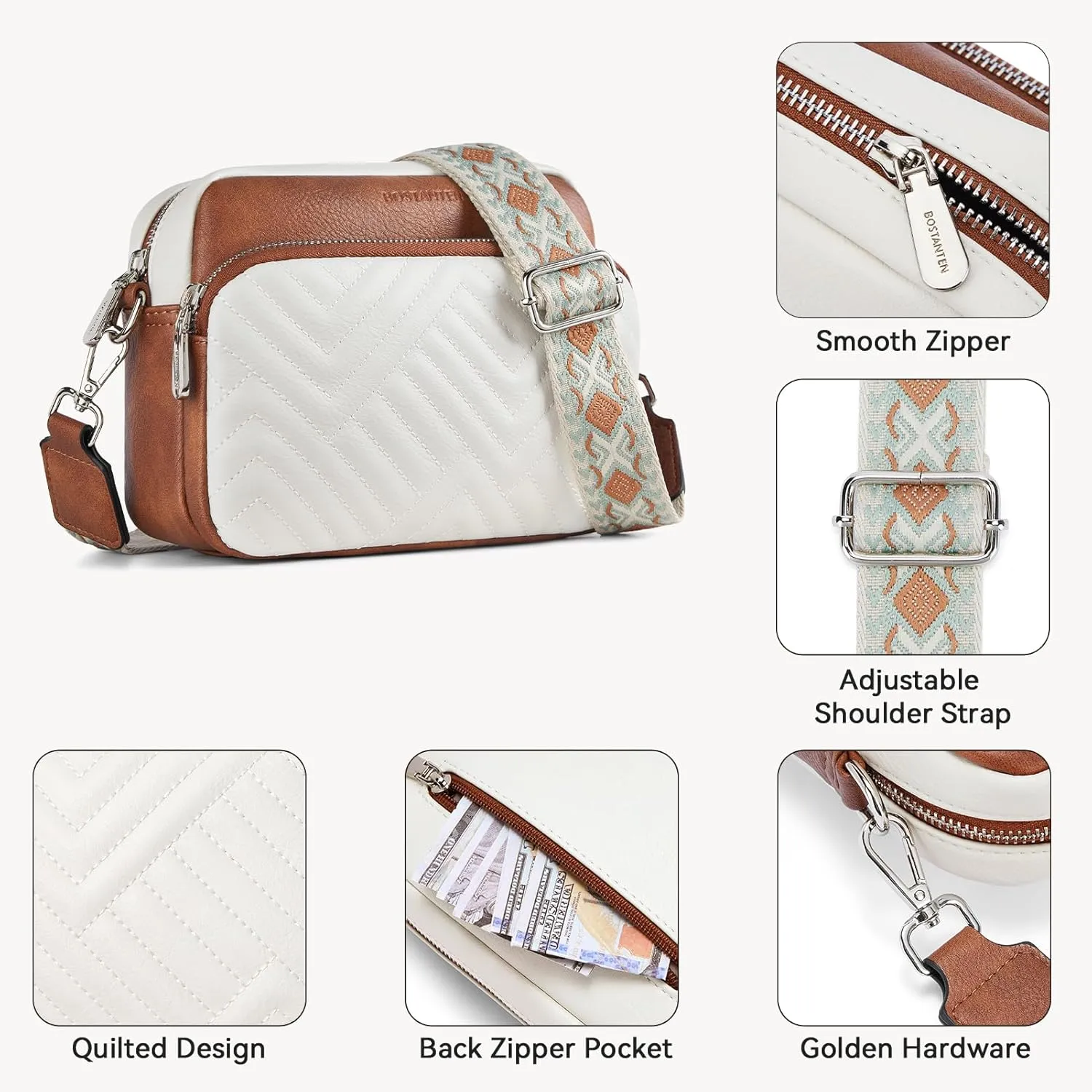 BOSTANTEN Quilted Crossbody Bags for Women Vegan Leather Purses Small Shoulder Handbags with Wide Strap