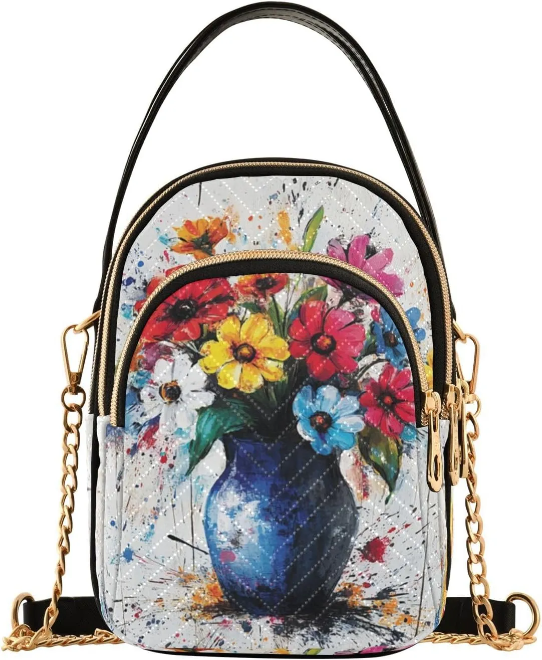 Bouquet Ceramic Vase White Multi Pockets Crossbody Bags for Women Zip Cell Phone Purse Wallet Bag with Detachable Shoulder Strap Wallet Purses for Girls Women Trendy Gift Shopping Working Traveling