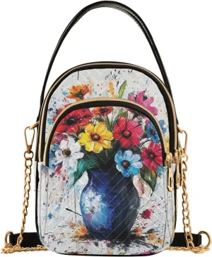 Bouquet Ceramic Vase White Multi Pockets Crossbody Bags for Women Zip Cell Phone Purse Wallet Bag with Detachable Shoulder Strap Wallet Purses for Girls Women Trendy Gift Shopping Working Traveling