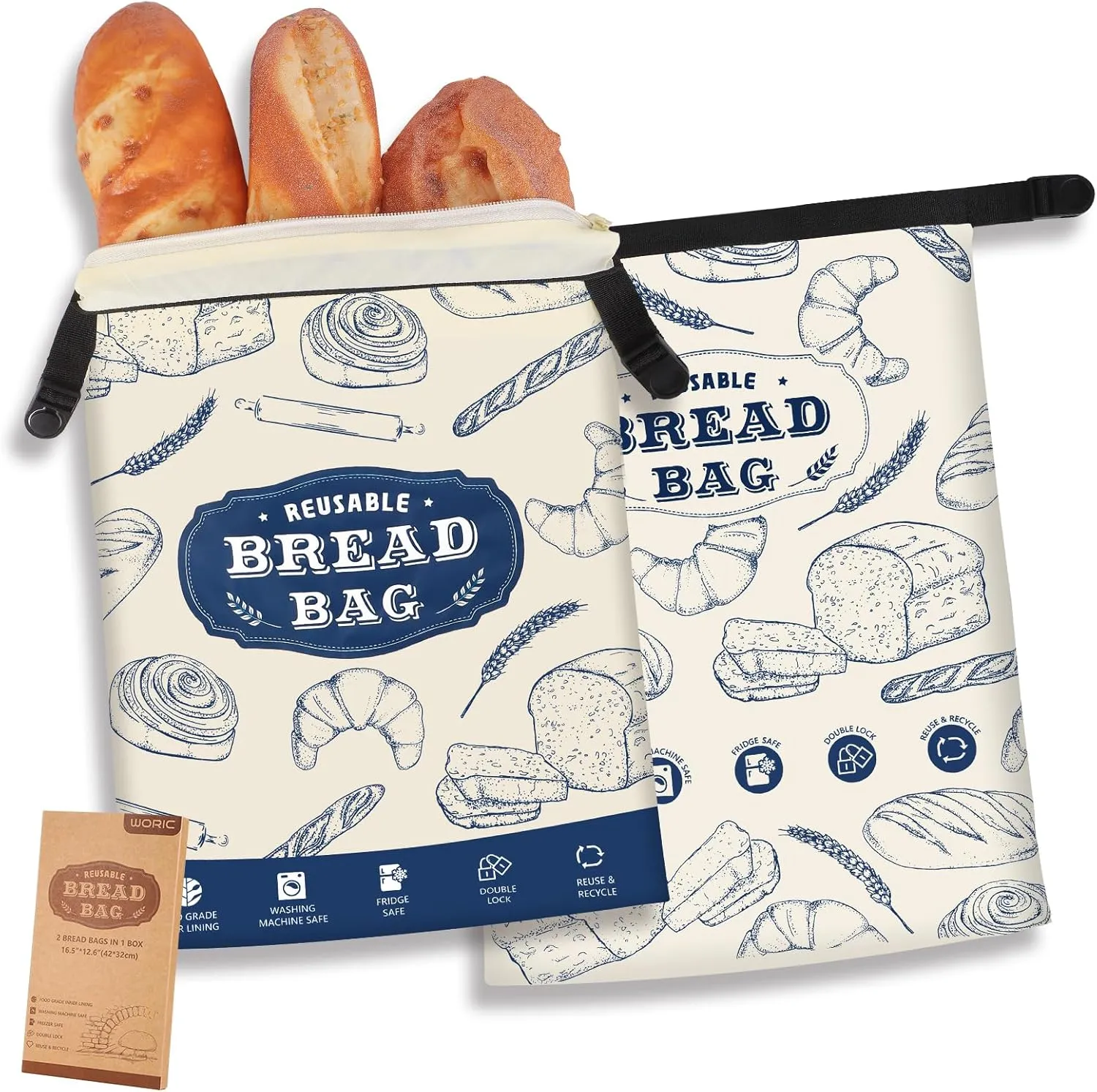 Bread Bags, 2 Packs Reusable Bread Bags Zipper Bread Bags for Homemade Bread Sourdough Bread Bags Bread Storage Bag Fresh Keeping Large Bread Bags (16.5" X12.5")