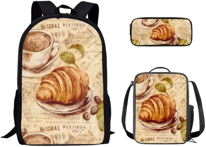 Bread Coffee Afternoon Tea Backpack for Boys with Lunch Box Set Elementary High Tea Retro Pattern Kids Bookbag with Lunch Bag/Rucksack Primary School Kids Pencil Box