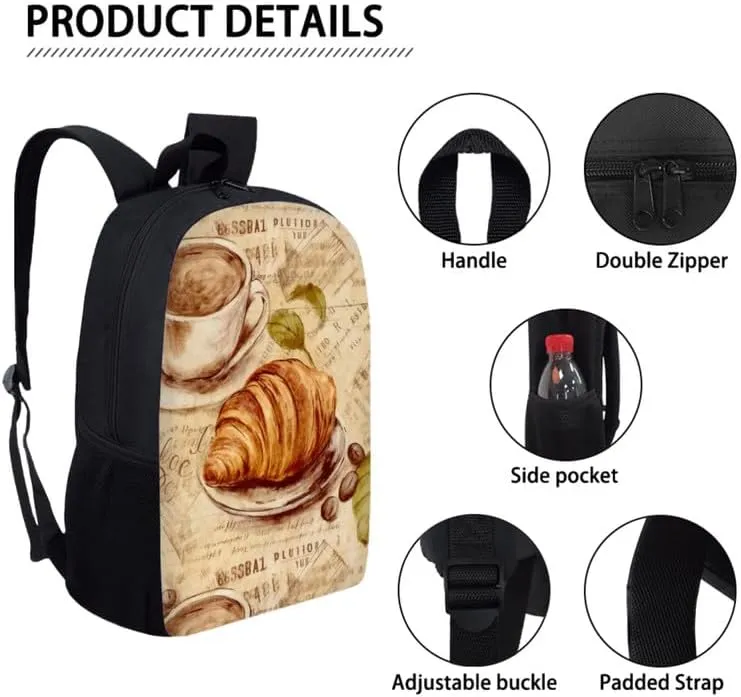 Bread Coffee Afternoon Tea Backpack for Boys with Lunch Box Set Elementary High Tea Retro Pattern Kids Bookbag with Lunch Bag/Rucksack Primary School Kids Pencil Box