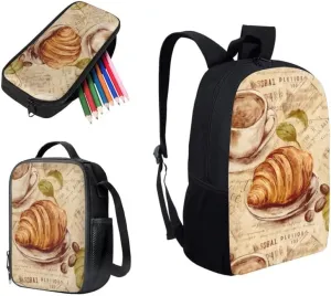 Bread Coffee Afternoon Tea Backpack for Boys with Lunch Box Set Elementary High Tea Retro Pattern Kids Bookbag with Lunch Bag/Rucksack Primary School Kids Pencil Box