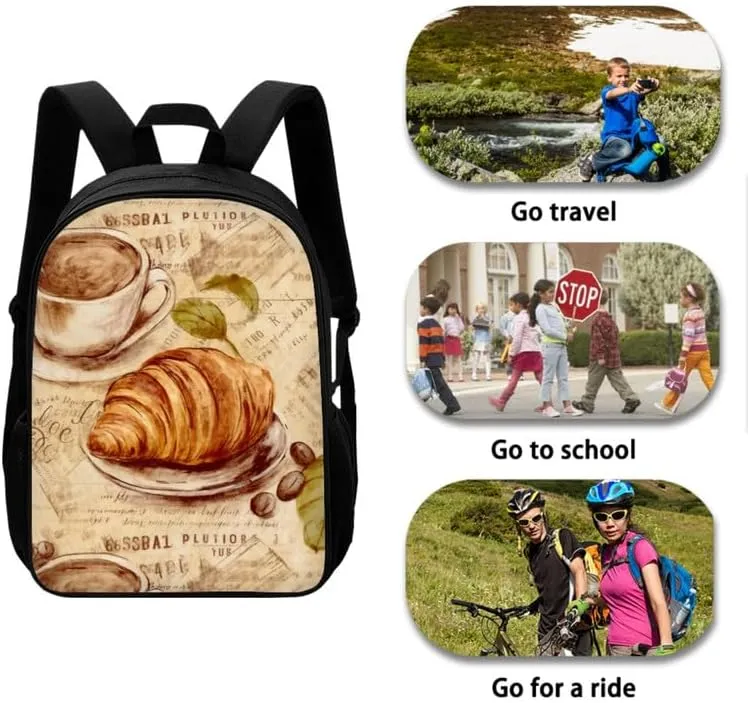 Bread Coffee Afternoon Tea Backpack for Boys with Lunch Box Set Elementary High Tea Retro Pattern Kids Bookbag with Lunch Bag/Rucksack Primary School Kids Pencil Box