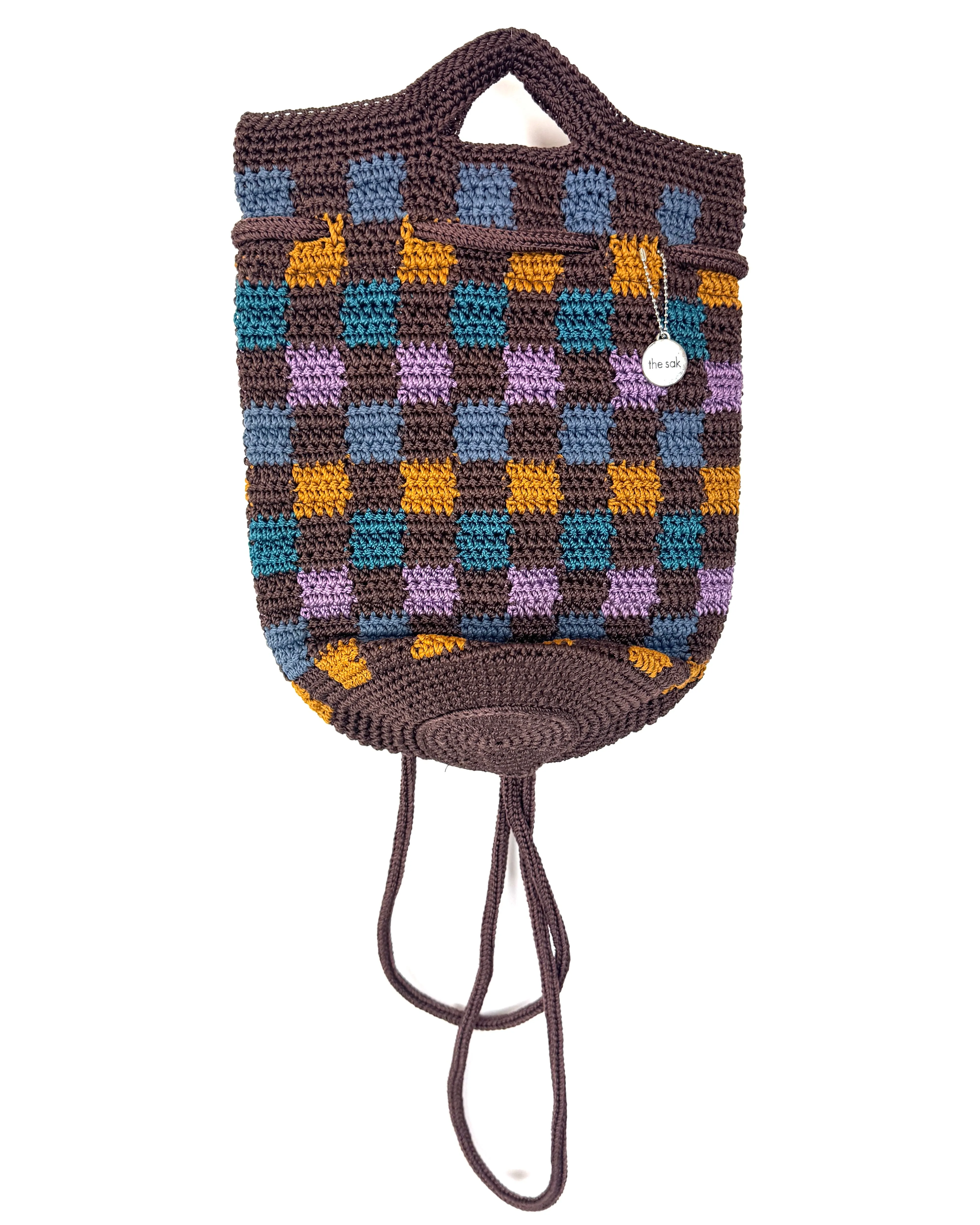 Brown Checkered  Crochet Convertible Backpack