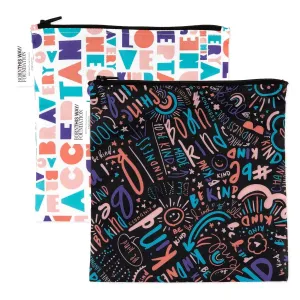 Bumkins Reusable Sandwich and Snack Bags, for Kids School Lunch and for Adults Portion, Washable Fabric, Waterproof Cloth Zip Bag, Travel Pouch, Food-Safe Storage, Large 2-pk Born This Way Kindness