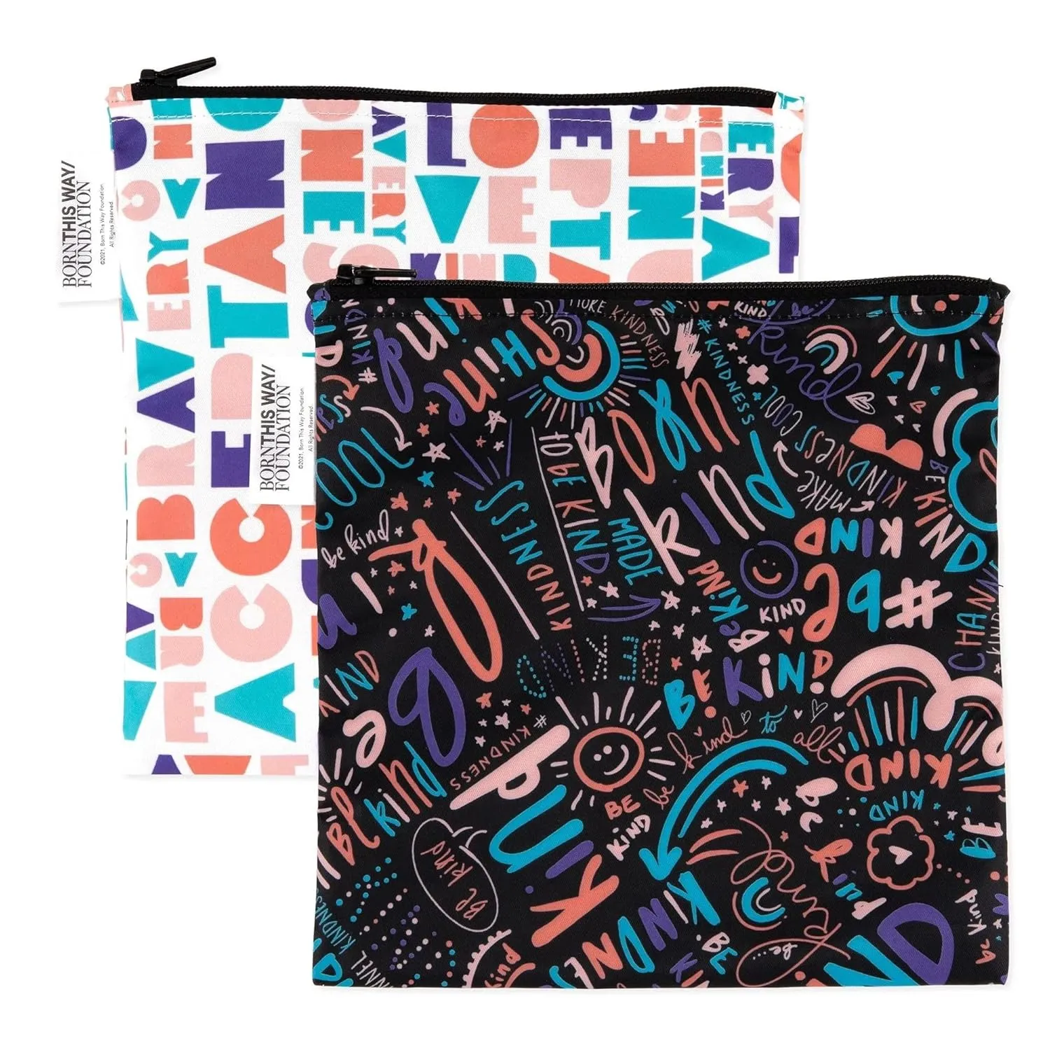 Bumkins Reusable Sandwich and Snack Bags, for Kids School Lunch and for Adults Portion, Washable Fabric, Waterproof Cloth Zip Bag, Travel Pouch, Food-Safe Storage, Large 2-pk Born This Way Kindness