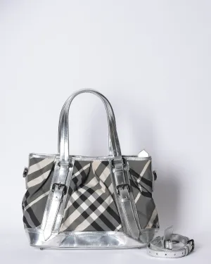 Burberry Silver Checkered Nylon Patent Leather Lowry Top Handle Bag
