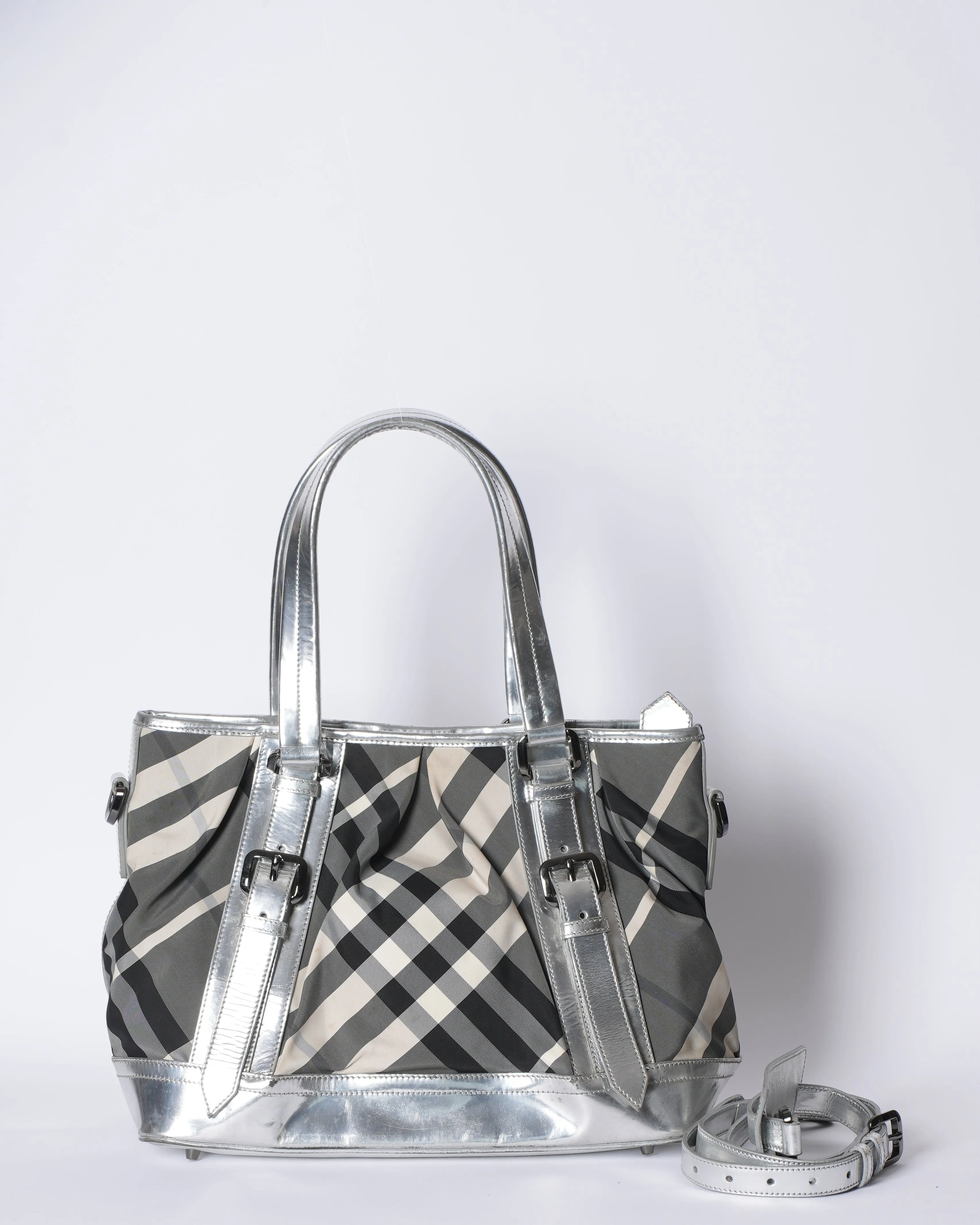 Burberry Silver Checkered Nylon Patent Leather Lowry Top Handle Bag