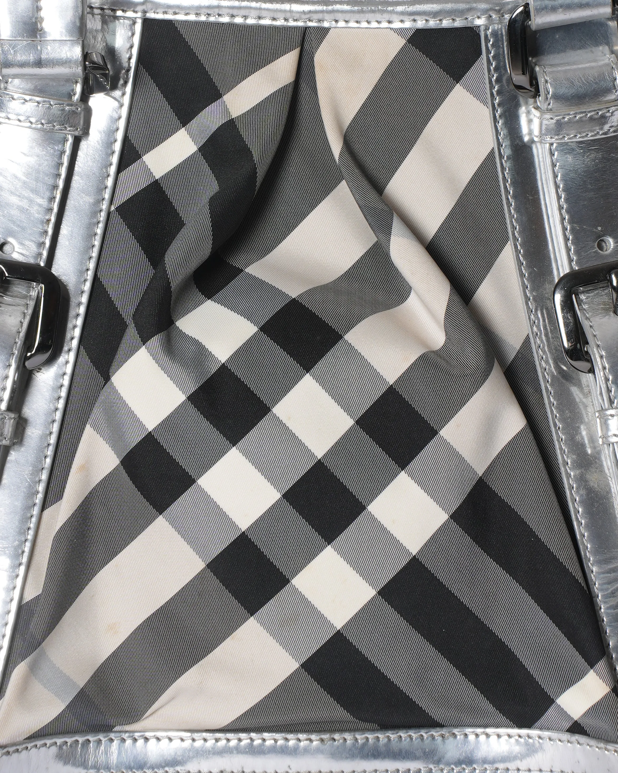 Burberry Silver Checkered Nylon Patent Leather Lowry Top Handle Bag