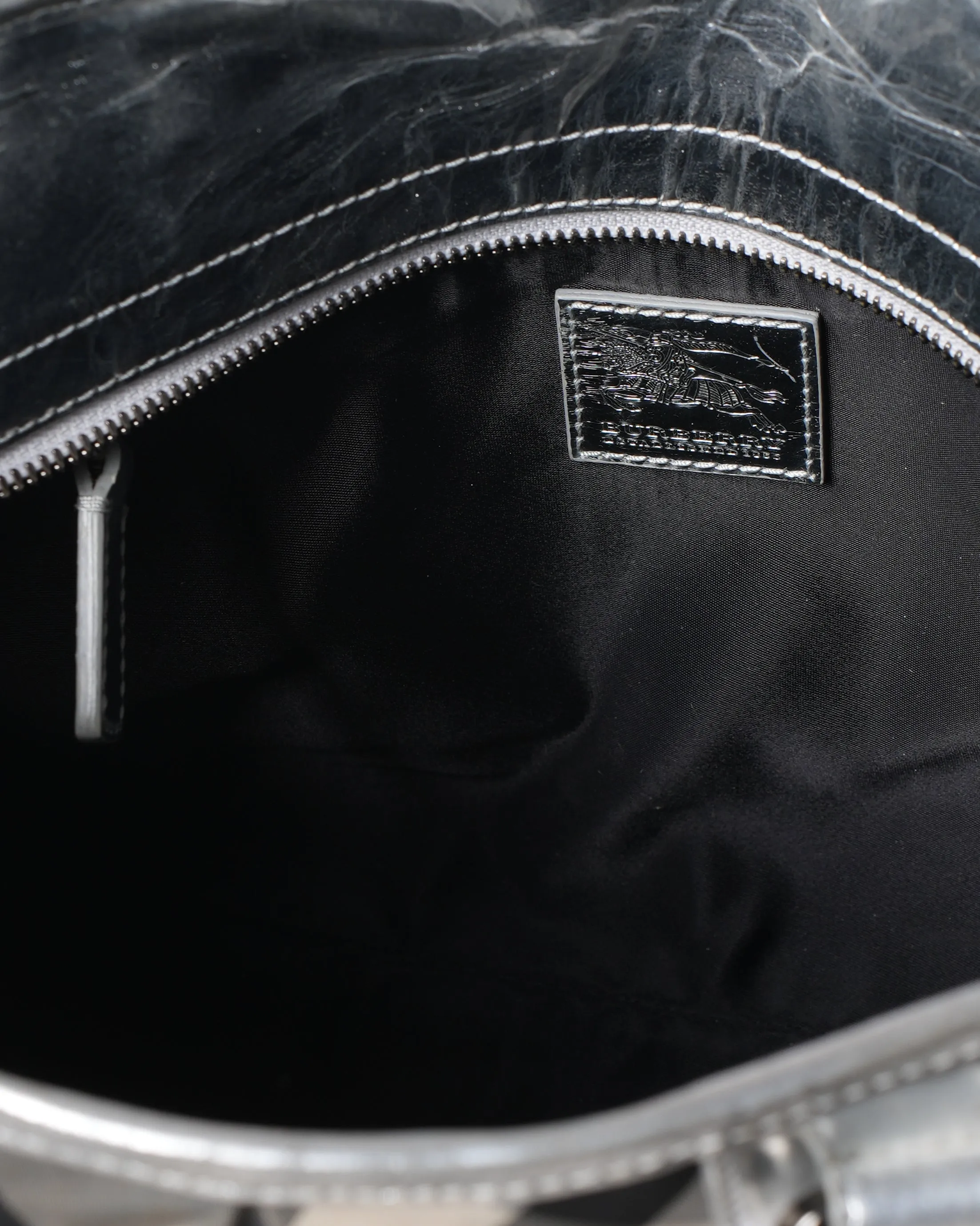 Burberry Silver Checkered Nylon Patent Leather Lowry Top Handle Bag