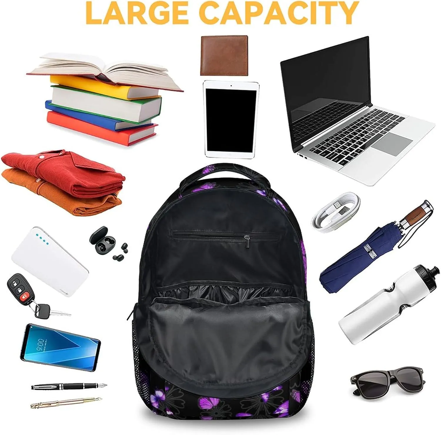 Butterfly Backpack for Girls, Women - 16 Inches Black Backpacks for Teens, Adults - Fashion Print Bookbag for School, Travel