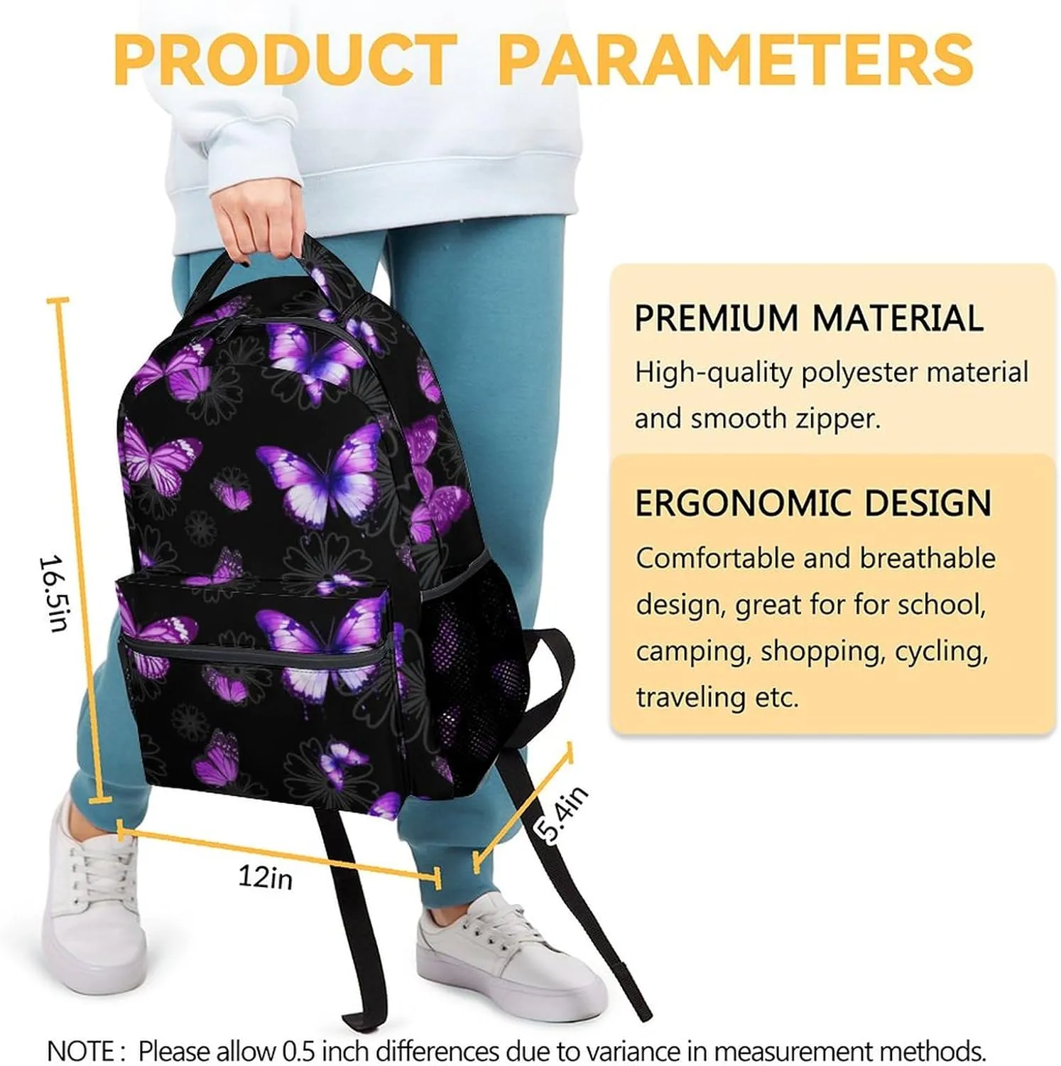 Butterfly Backpack for Girls, Women - 16 Inches Black Backpacks for Teens, Adults - Fashion Print Bookbag for School, Travel