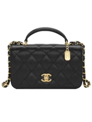 Calfskin Gold Flap Black 5-star customer support Hardware Bag WoMen's Cross CC Logo Vast range Chanel Grained