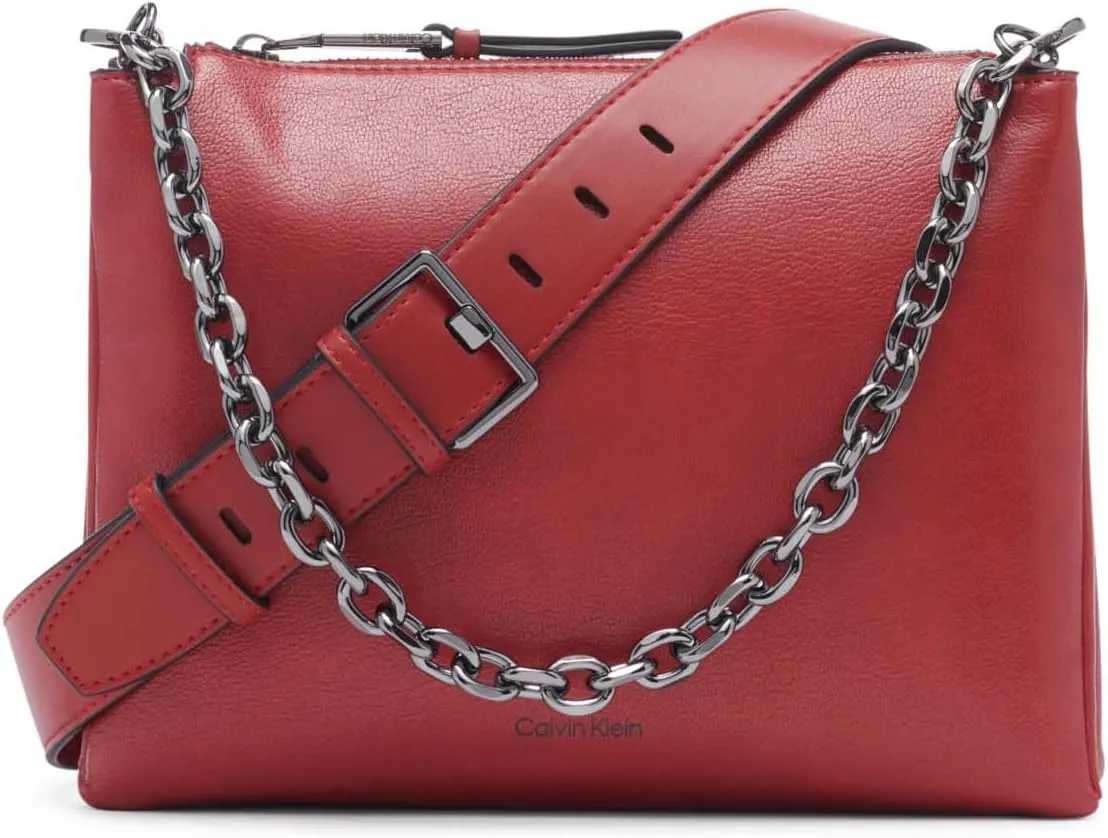 Calvin Klein Women's Rain Crossbody Bag – Vegan Leather with Chain Purse Strap, 3 Pockets