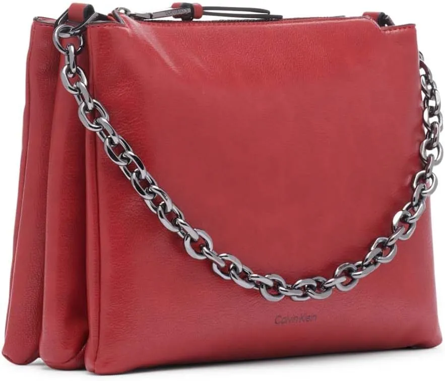 Calvin Klein Women's Rain Crossbody Bag – Vegan Leather with Chain Purse Strap, 3 Pockets