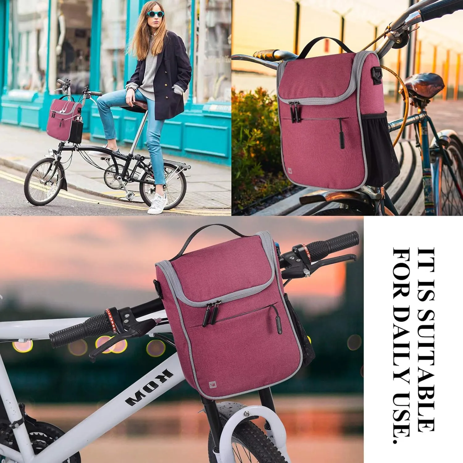 CamGo Waterproof Handlebar Bag for Bike - Cycling Front Storage Basket Bags Multipurpose Shoulder Pack Canvas Handbags with Rain Cover (Rose)