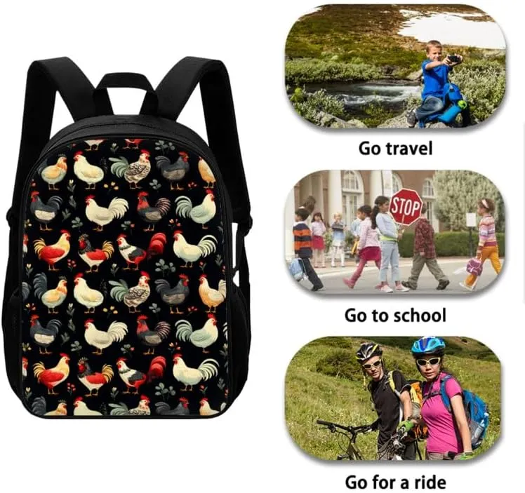 Cartoon Colorful Chicken Backpack for Boys with Lunch Box Set Cute Chicken Art Painting Elementary Kids Bookbag with Lunch Bag/Rucksack Primary School Kids Pencil Box