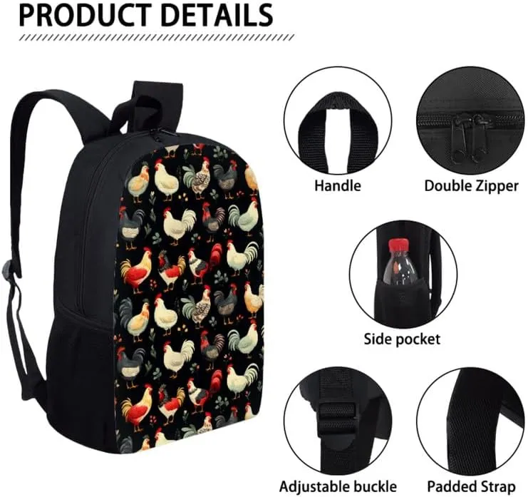 Cartoon Colorful Chicken Backpack for Boys with Lunch Box Set Cute Chicken Art Painting Elementary Kids Bookbag with Lunch Bag/Rucksack Primary School Kids Pencil Box