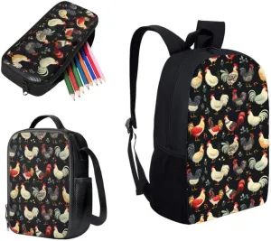Cartoon Colorful Chicken Backpack for Boys with Lunch Box Set Cute Chicken Art Painting Elementary Kids Bookbag with Lunch Bag/Rucksack Primary School Kids Pencil Box