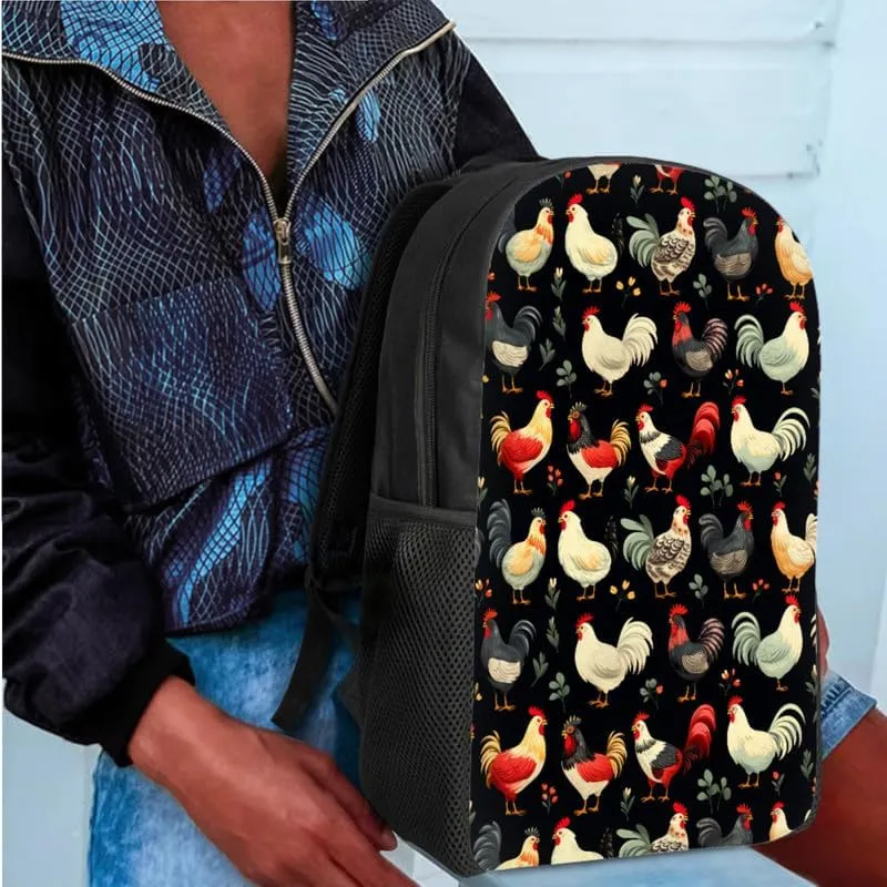 Cartoon Colorful Chicken Backpack for Boys with Lunch Box Set Cute Chicken Art Painting Elementary Kids Bookbag with Lunch Bag/Rucksack Primary School Kids Pencil Box