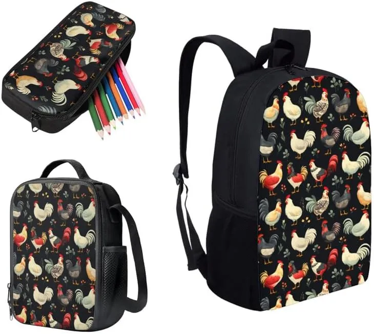 Cartoon Colorful Chicken Backpack for Boys with Lunch Box Set Cute Chicken Art Painting Elementary Kids Bookbag with Lunch Bag/Rucksack Primary School Kids Pencil Box
