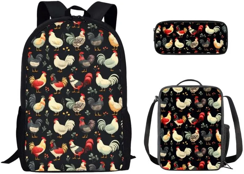 Cartoon Colorful Chicken Backpack for Boys with Lunch Box Set Cute Chicken Art Painting Elementary Kids Bookbag with Lunch Bag/Rucksack Primary School Kids Pencil Box