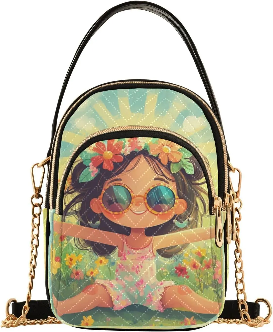 Cartoon Flower Girl Meadow Multi Pockets Crossbody Bags for Women Zip Cell Phone Purse Wallet Bag with Detachable Shoulder Strap Cross Body Handbag for Girls Women Trendy Gift Shopping Traveling