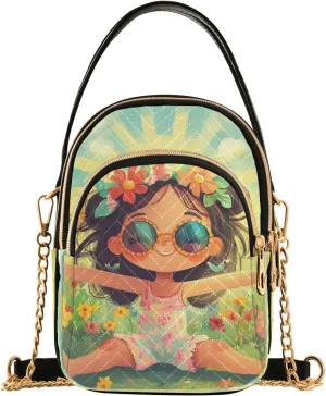 Cartoon Flower Girl Meadow Multi Pockets Crossbody Bags for Women Zip Cell Phone Purse Wallet Bag with Detachable Shoulder Strap Cross Body Handbag for Girls Women Trendy Gift Shopping Traveling