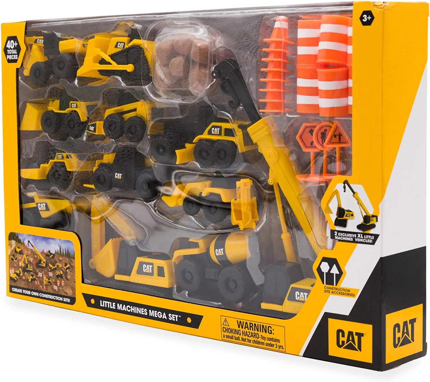 CAT Construction Toys, Little Machines Mega Set 40  Pieces with XL Crane & Excavator, 10 Mini Vehicles, Road Signs, Cones, Boulders & Barricades, Indoor/Outdoor STEM Toy for Kids Ages 3  