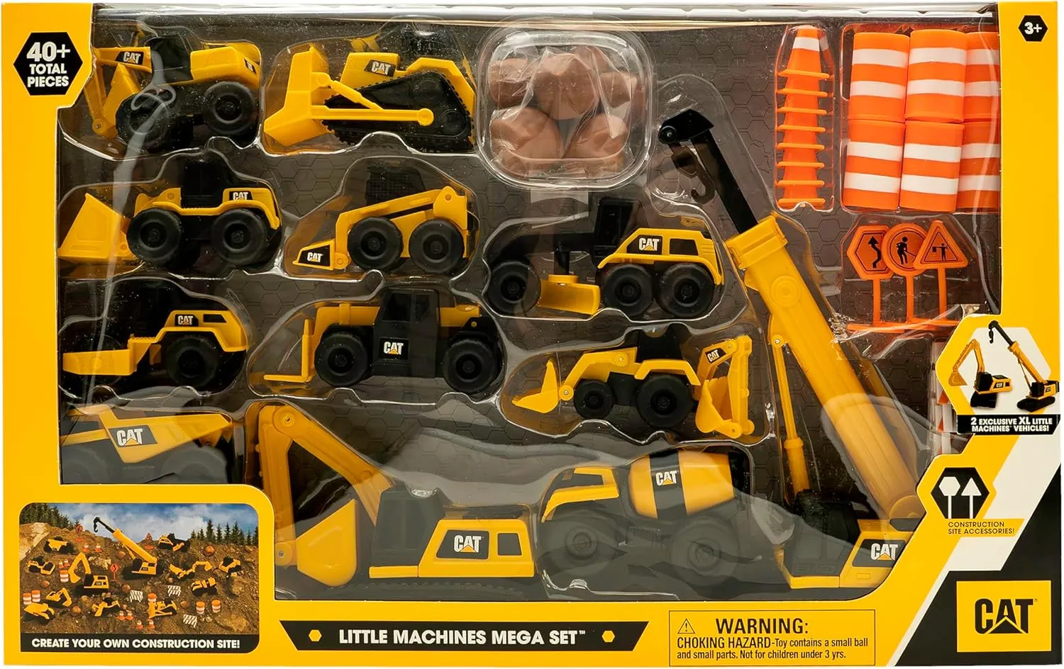 CAT Construction Toys, Little Machines Mega Set 40  Pieces with XL Crane & Excavator, 10 Mini Vehicles, Road Signs, Cones, Boulders & Barricades, Indoor/Outdoor STEM Toy for Kids Ages 3  