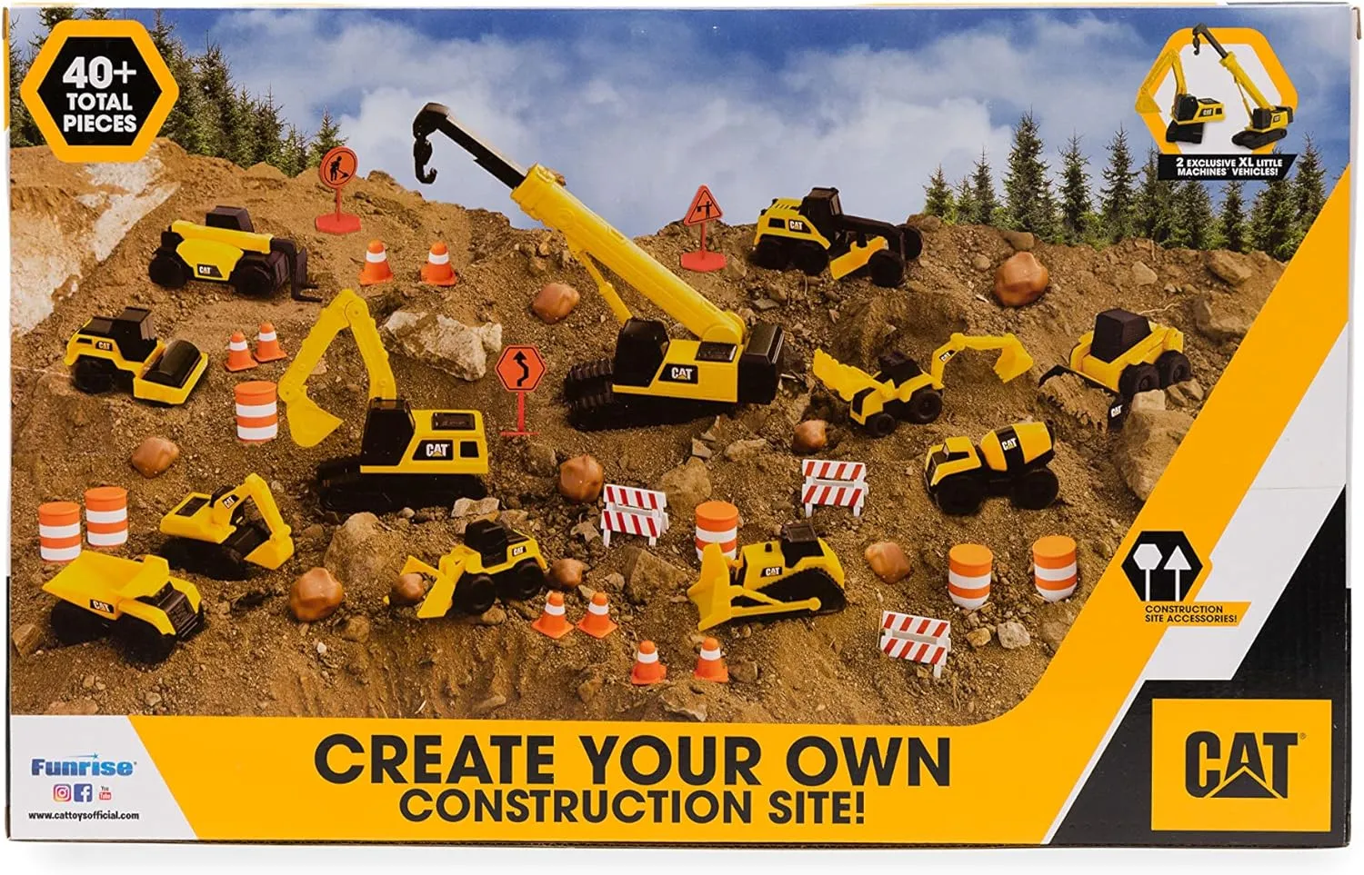 CAT Construction Toys, Little Machines Mega Set 40  Pieces with XL Crane & Excavator, 10 Mini Vehicles, Road Signs, Cones, Boulders & Barricades, Indoor/Outdoor STEM Toy for Kids Ages 3  