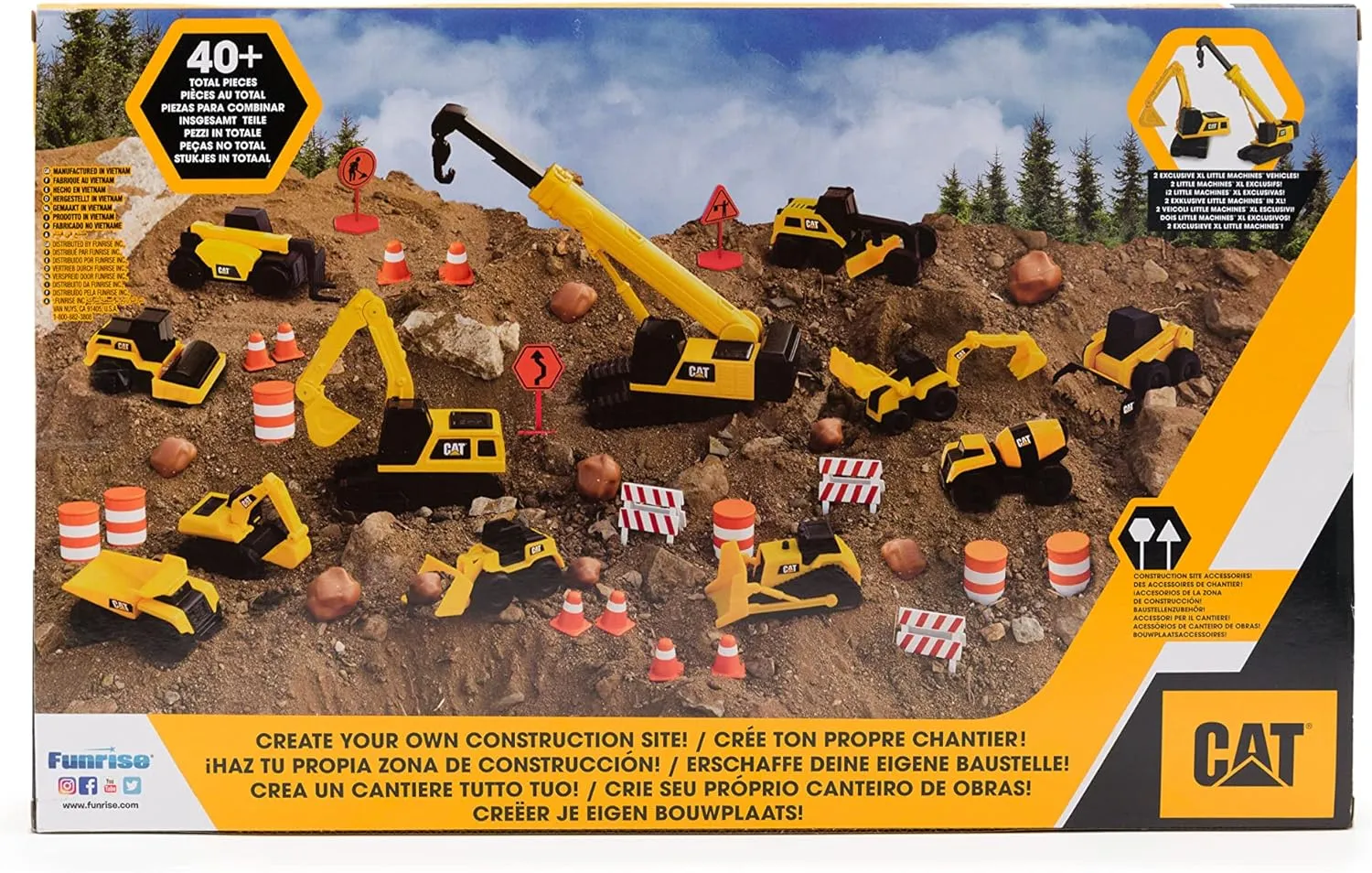 CAT Construction Toys, Little Machines Mega Set 40  Pieces with XL Crane & Excavator, 10 Mini Vehicles, Road Signs, Cones, Boulders & Barricades, Indoor/Outdoor STEM Toy for Kids Ages 3  