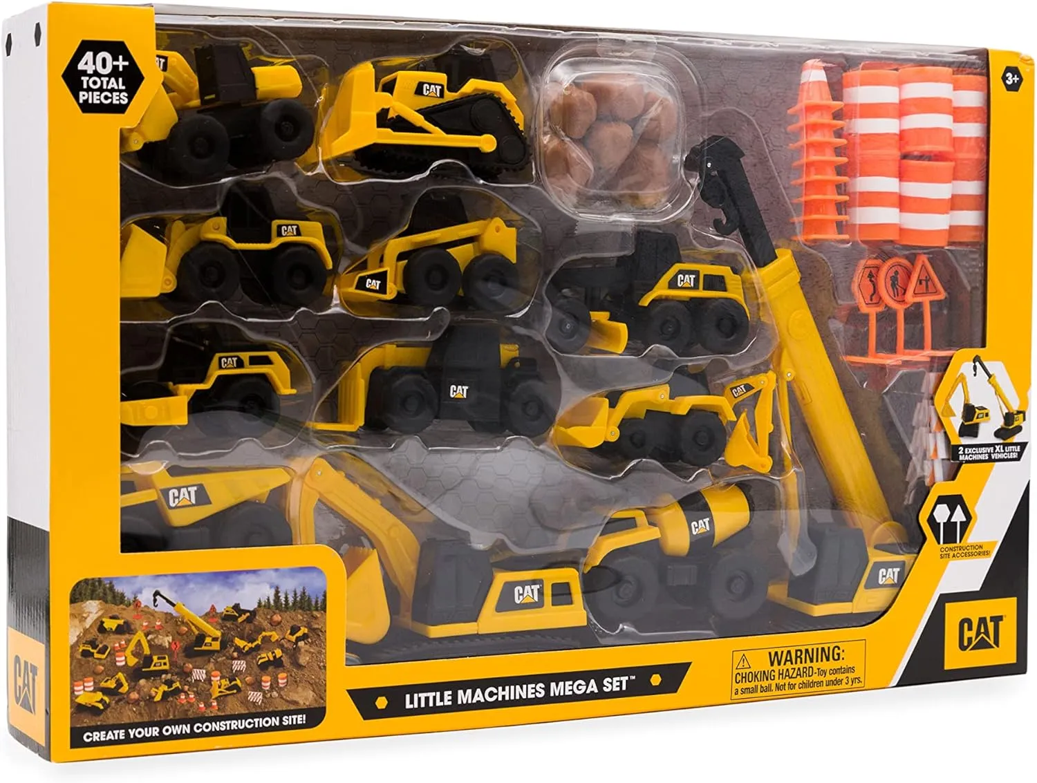 CAT Construction Toys, Little Machines Mega Set 40  Pieces with XL Crane & Excavator, 10 Mini Vehicles, Road Signs, Cones, Boulders & Barricades, Indoor/Outdoor STEM Toy for Kids Ages 3  