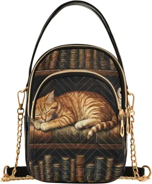 Cat Owl Bookshelf Bookworm Crossbody Bag for Women Mini Cell Phone Purse Women's Shoulder Handbag