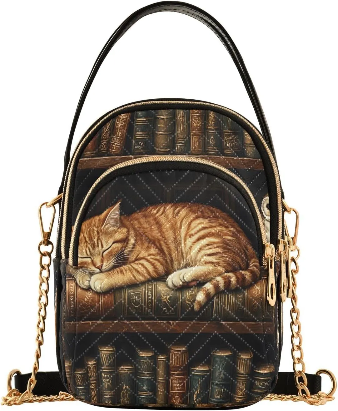 Cat Owl Bookshelf Bookworm Crossbody Bag for Women Mini Cell Phone Purse Women's Shoulder Handbag