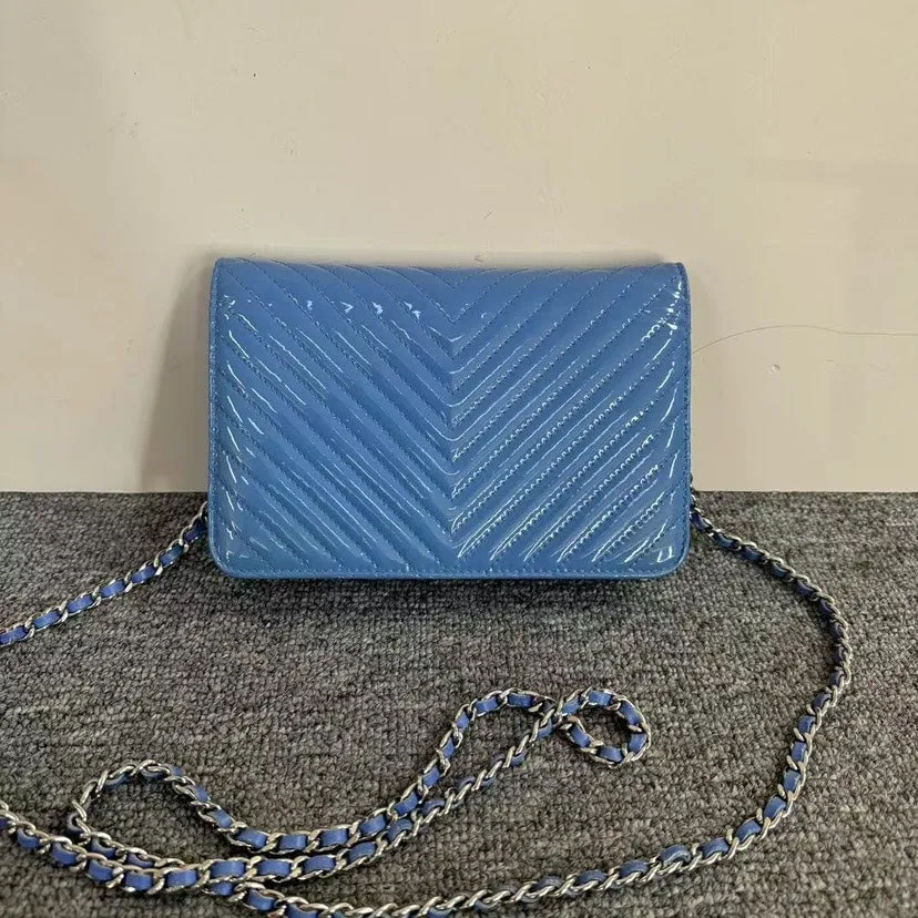 Chanel Preloved Wallet On Chain WOC Blue Patent Leather Crossbody Bag