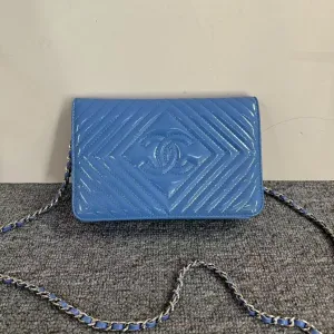 Chanel Preloved Wallet On Chain WOC Blue Patent Leather Crossbody Bag