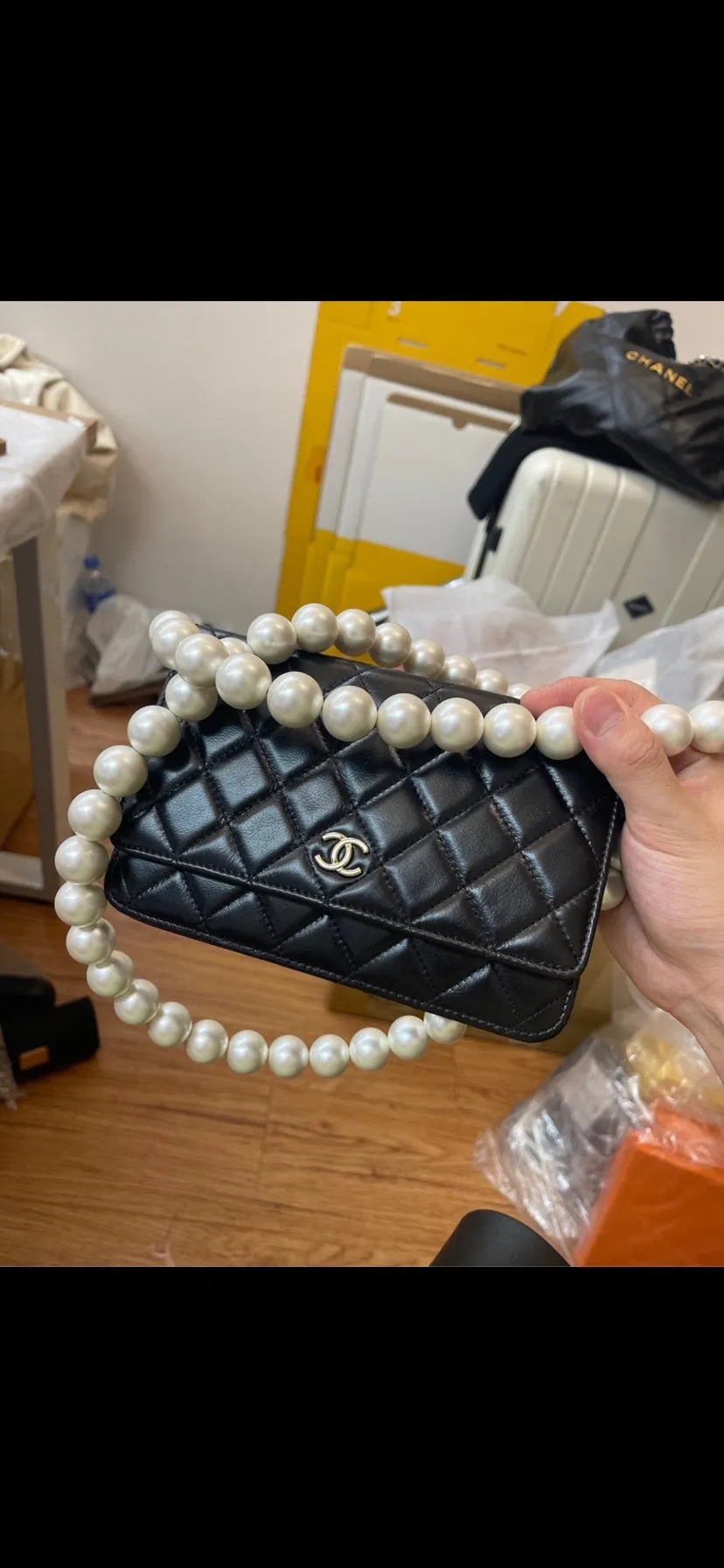Chanel WOC Black Leather Quilted Pearl Chain Bag