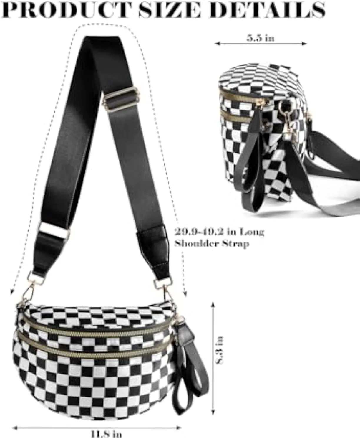 Checkered Bum Bag Crossbody, Black and White Checkered Crossbody Bag, Fanny Pack for Women with Adjustable Strap (I)