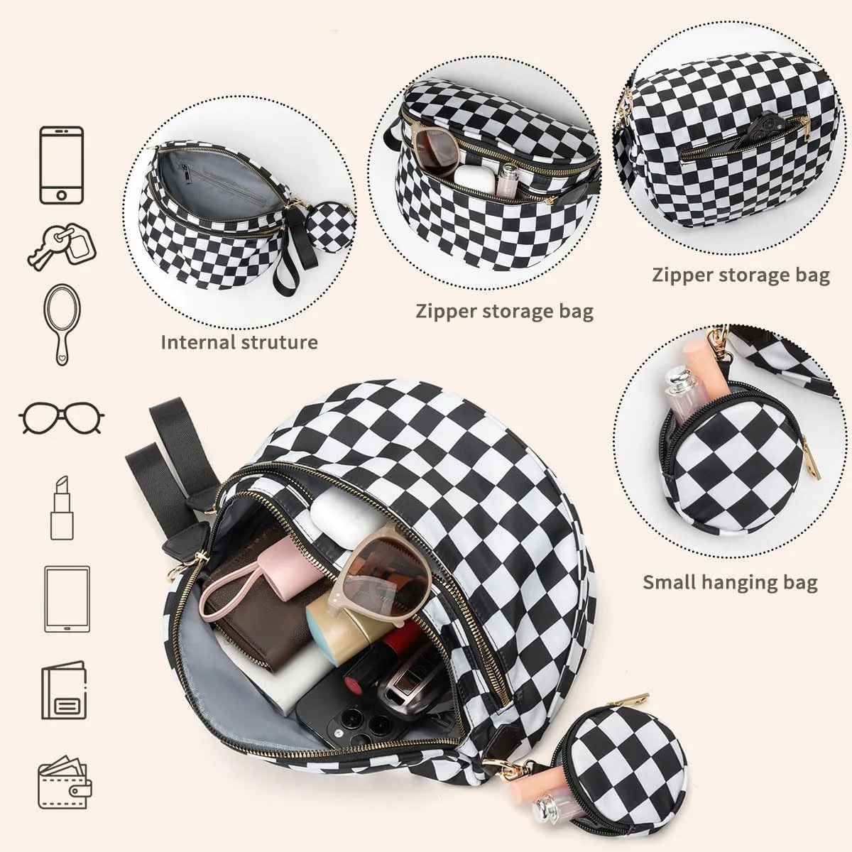 Checkered Bum Bag Crossbody, Black and White Checkered Crossbody Bag, Fanny Pack for Women with Adjustable Strap (I)