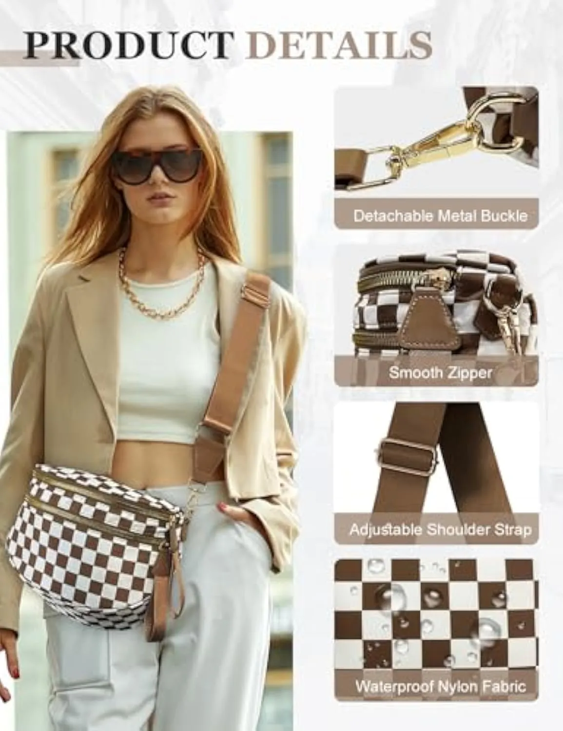 Checkered Bum Bag Crossbody, Black and White Checkered Crossbody Bag, Fanny Pack for Women with Adjustable Strap (I)