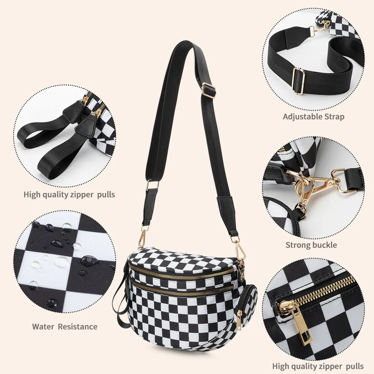 Checkered Bum Bag Crossbody, Black and White Checkered Crossbody Bag, Fanny Pack for Women with Adjustable Strap (I)
