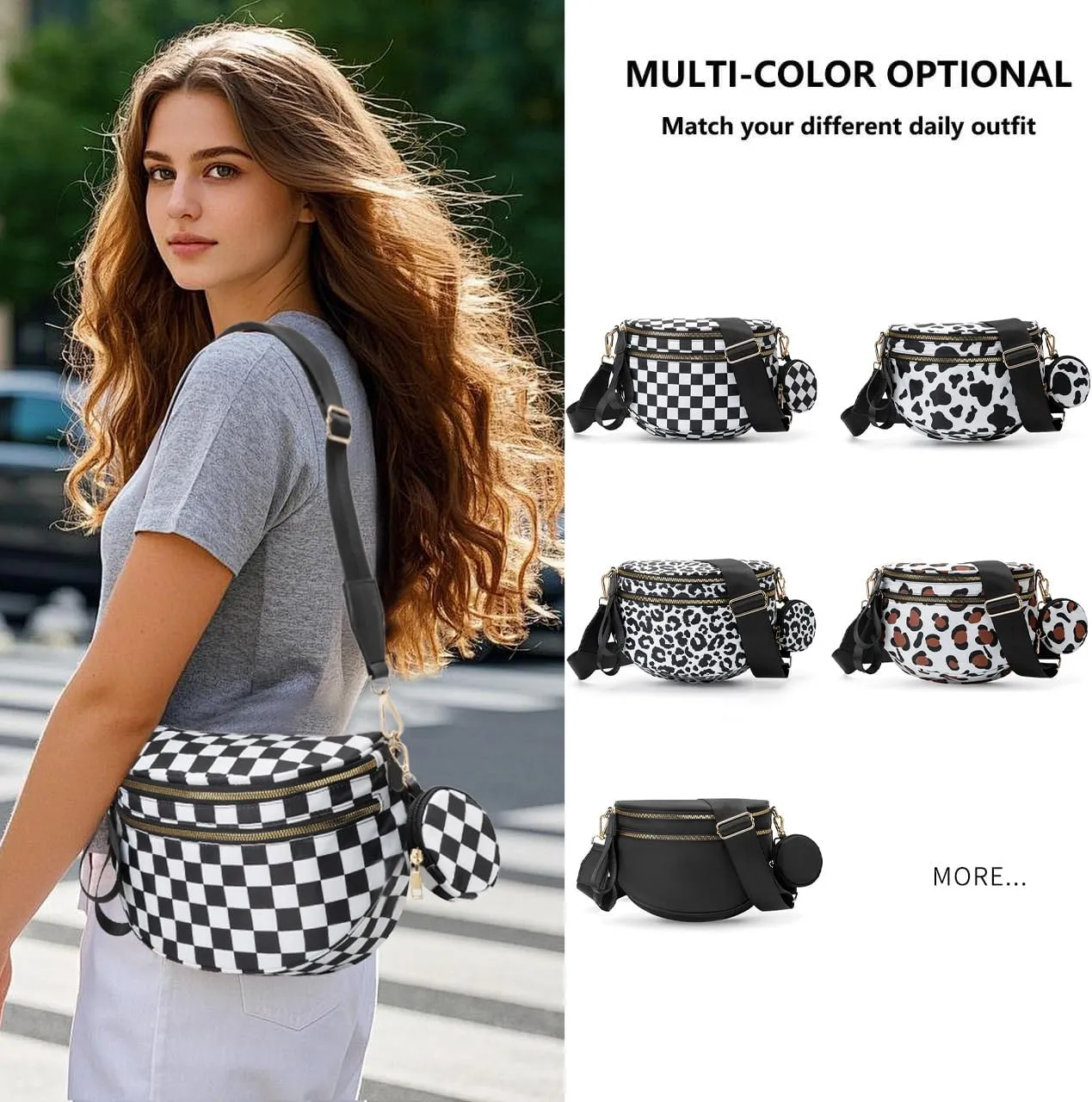 Checkered Bum Bag - Crossbody Checkered Bags for Women Checkerboard Purse Plaid Fanny Pack with Small Purse (A01 Checker Black)