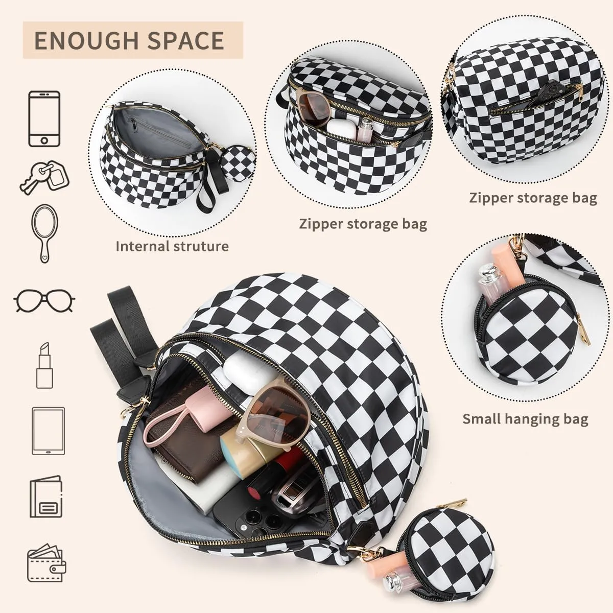 Checkered Bum Bag - Crossbody Checkered Bags for Women Checkerboard Purse Plaid Fanny Pack with Small Purse (A01 Checker Black)