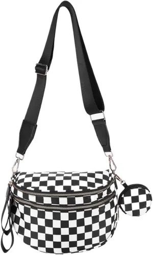 Checkered Bum Bag - Crossbody Checkered Bags for Women Checkerboard Purse Plaid Fanny Pack with Small Purse (A01 Checker Black)