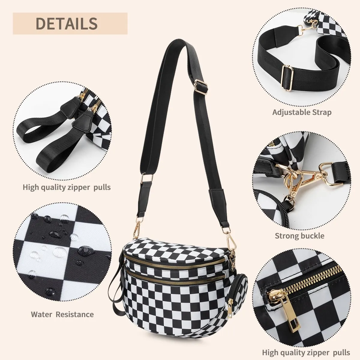 Checkered Bum Bag - Crossbody Checkered Bags for Women Checkerboard Purse Plaid Fanny Pack with Small Purse (A01 Checker Black)