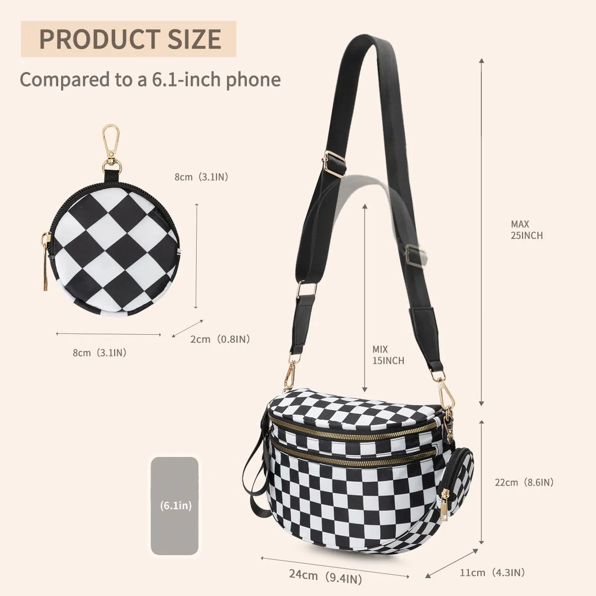 Checkered Bum Bag - Crossbody Checkered Bags for Women Checkerboard Purse Plaid Fanny Pack with Small Purse (A01 Checker Black)